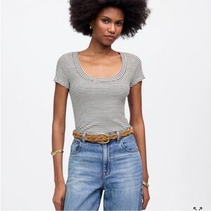 Madewell Regenerative Cotton Ribbed Scoopneck Stripe T-Shirt Fitted Large NEW